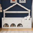 Twin Bed Frame for Kids, Montessori Floor Bed Style with Roof, with LED light, Safety Guardrails, Storage Drawers & Cubby, Wooden Bed for Boys Girls, No Box Spring Needed, Easy Assemble, White