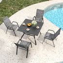 5-Piece Outdoor Patio Dining Set, Vintage Wood Grain Table with Umbrella Hole + 4 Ergonomic Stacking Chairs 350LB Capacity, Waterproof Textilene Fabric, for Garden Yard Balcony Patio Restaurant