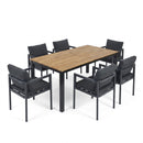 7-Piece Outdoor Dining Set with Acacia Wood Table and 6 Grey Aluminum Chairs, Weather-Resistant Patio Furniture in Grey and Teak Finish
