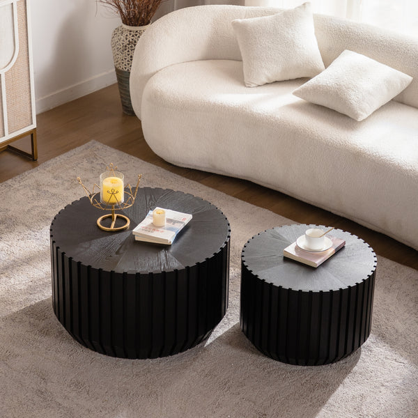 Coffee Table Nesting End Table Set of 2, Modern Black Fluted Coffee Table , Wood Side Table Circle Accent Tables for Small Spaces Living Room Bedroom Balcony Office,Black,Fully Assembled