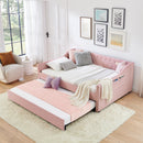 Full‑Size Daybed,Upholstered Convertible Daybed with Tufted Button Backrest, 3‑in‑1 Versatile Sofa Bed with Pull‑Out Trundle & Side Storage, Perfect for Compact Living-Pink