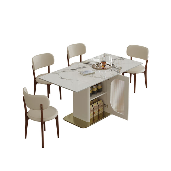 Modern 63' 4-6 Person Dining Table Set with Storage, Burnt Stone Top & Gold Solid Wood Base, Includes 4 White PU Chairs for Kitchen, Apartment