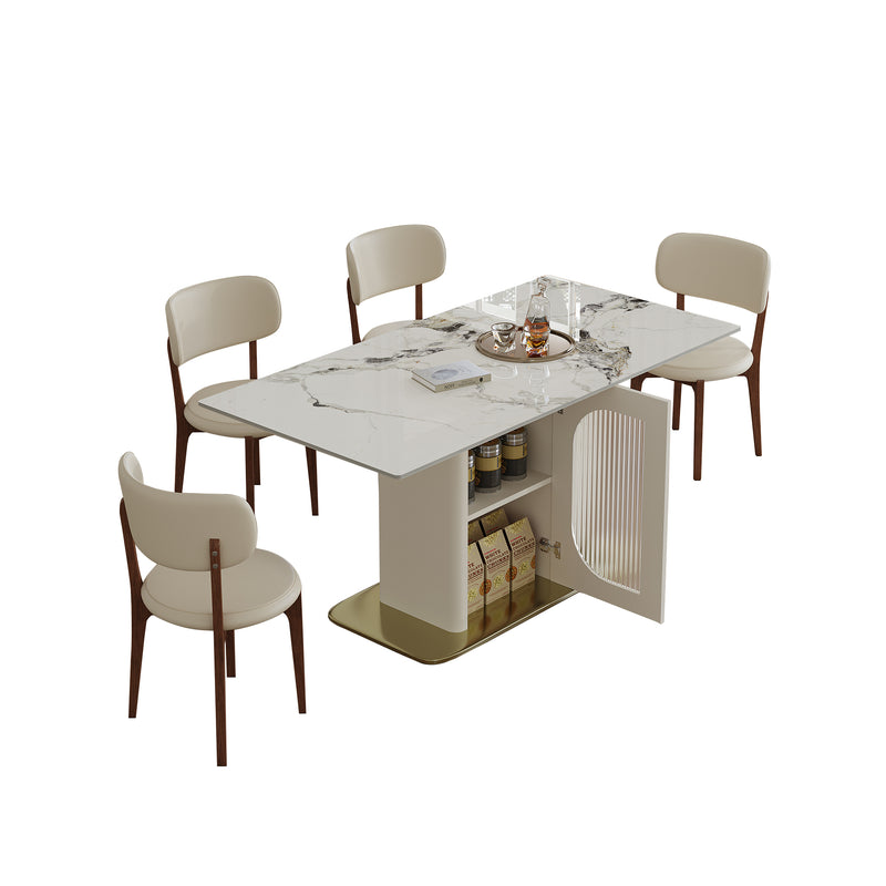 Modern 63' 4-6 Person Dining Table Set with Storage, Burnt Stone Top & Gold Solid Wood Base, Includes 4 White PU Chairs for Kitchen, Apartment