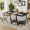 7 Piece Dining Table Set with 6 Gray PU Chairs, Two-Tone Black & Wood Grain Triamine Board Table, Modern Kitchen Dining Room Furniture for Small Spaces, Apartment, Restaurant