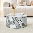 A simple white marble textured cylindrical coffee table, 23.6 inches in diameter x 11.8 inches in height, MDF material living room furniture. Suitable for industrial style or minimalist living rooms.