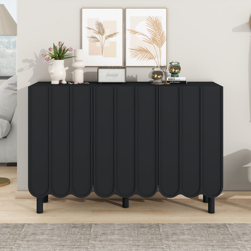 ON-TREND Cream Style Minimalist Shoe Cabinet with 5 Solid Wood Legs, Sideboard Buffet Cabinet with Adjustable Shelves, Large Storage Cabinet with Wave Doors for Living Room, Black