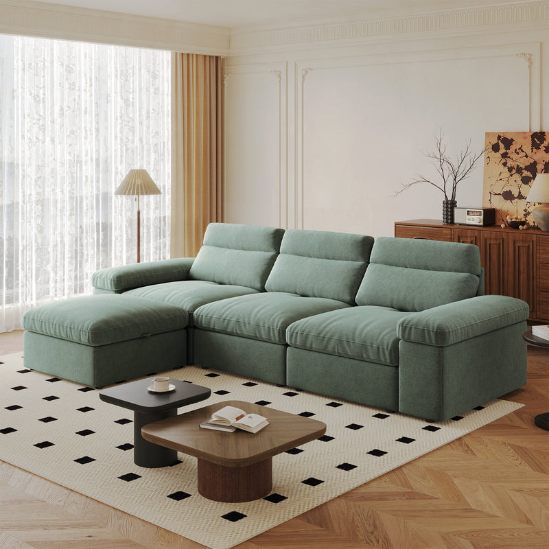 This simple modular sofa is made of down and linen, with a backrest that can be adjusted backward. It is soft and comfortable, has storage space, and is suitable for both living rooms and bedrooms