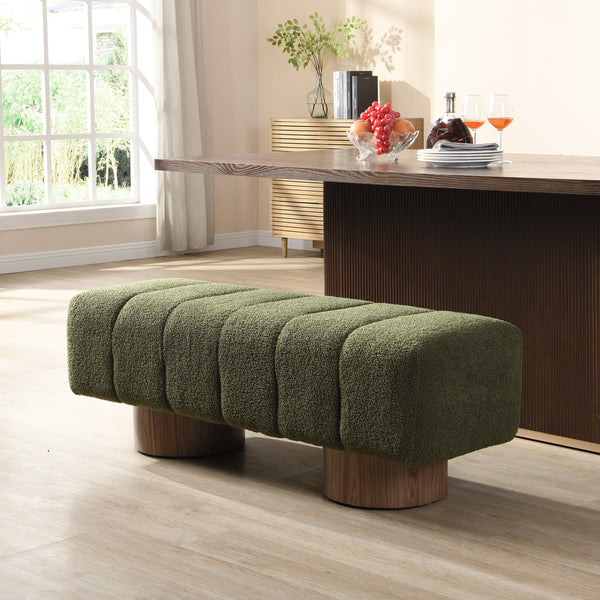 Upholstered Dining Bench for Dining Room, No-Assembly End of Bed Entryway Bench Ottoman for Bedroom Living Room, Green Boucle Fabric Stool Top Wood Leg 300 LBS Weight Capacity