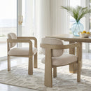 Modern Oak Finish Arm Chairs Set of 2 Beige Fabric Upholstery Curved Backrest Solid Rubberwood Dining Room Furniture