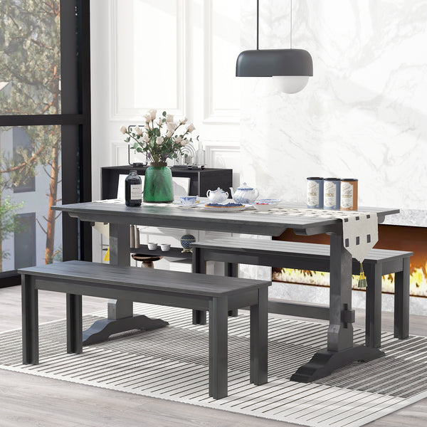 TREXM 3-Piece Retro Dining Set, Rectangular Trestle Table and 2 Wood Benches for 4 People for Dining Room and Kitchen (Grey)