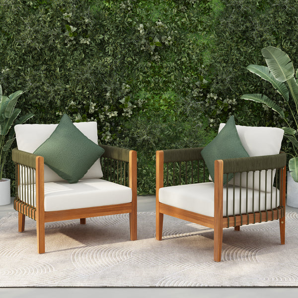 [Set of 2] Acacia Wood Outdoor Club Chair with Handwoven Rope Accents & Curved Backrest - Water-Resistant Boho Patio Lounge Chair with Removable Cushions for Porch, Garden