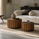 19.7'+27.5' Round Nesting Coffee Table Set of 2, Walnut Wood Accent Tables with Vertical Slatted Body, Rustic Farmhouse Side Tables for Living Room