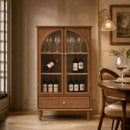Vintage Farmhouse Arched Glass Accent Cabinet, MDF Real Wood Veneer Display Storage Cabinet with Solid Wood Legs, Adjustable Shelves & Drawer, Antique Glaze Finish