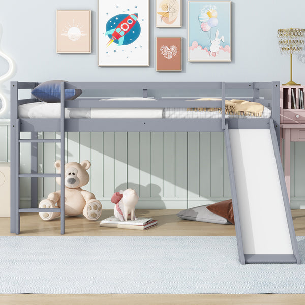 Twin Low Loft Bed with Slide, Ladder, Safety Guardrails, Rubber Wood Twin Loft Bed,Grey