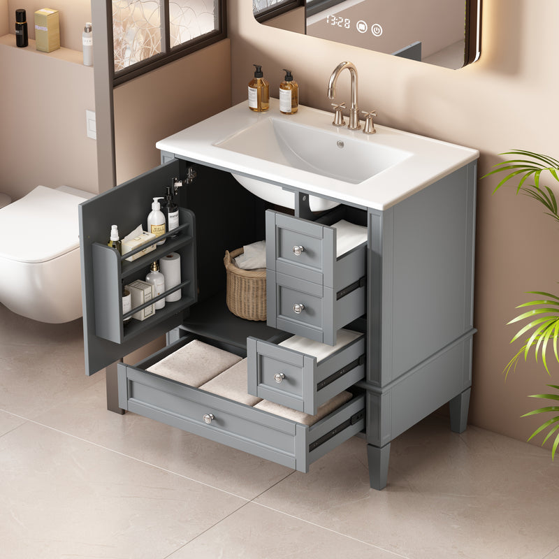 30 Inch Bathroom Vanity with Ceramic Sink, Grey Bathroom with 3 Drawers, Solid Wood Frame Modern Bathroom Storage Cabinet , Ideal for Home