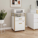 Modern Rolling 2-Drawer File Cabinet with Locking File Drawer, 2 USB Charging Ports & Power Outlet, and Locking Wheels, White & Gold