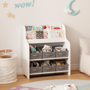 Kids Bookshelf with 6 Fabric Storage Bins, Multi-Functional Children's Bookcase and Toy Organizer, Front-Facing Display Shelf for Playroom, Bedroom or Nursery - White & Gray