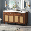 60 Inch Bathroom Vanity with Double Sink ( SMC Sink ), Large Storage Space with 2 Tip-Out Trays / Flip-Out Drawers and 4 Soft Closing Doors, Solid Wood Legs and Silver Metal Knobs, Brown