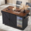 K&K 72' Farmhouse Kitchen Island with Fridge Storage Space & Power Outlet, Rolling Coffee Bar Cabinet on Wheels with 4 Drawers, Sliding Barn Door, Glass Holder, Drop Leaf, Island Kitchen Table, Black