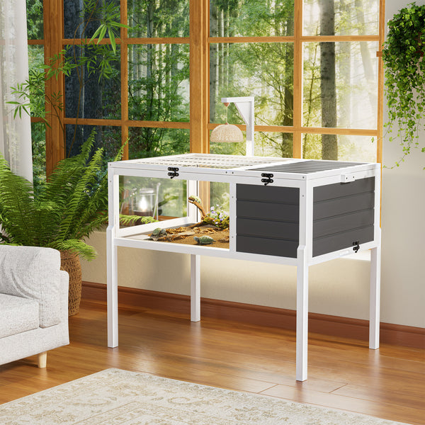 Reptile Habitat Tortoise House with Lamp Holder, Large Observation Window, Waterproof Tray, Detachable Legs, Easy to Clean Wooden Enclosure for Turtles, Lizards, Geckos, and Small Pets Indoor Outdoor