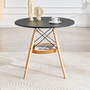 31.5-inch diameter circular dining table, black MDF vacuum formed tabletop, solid wood legs, with suspended woven storage basket structure. A casual coffee table suitable for 2-4 people.