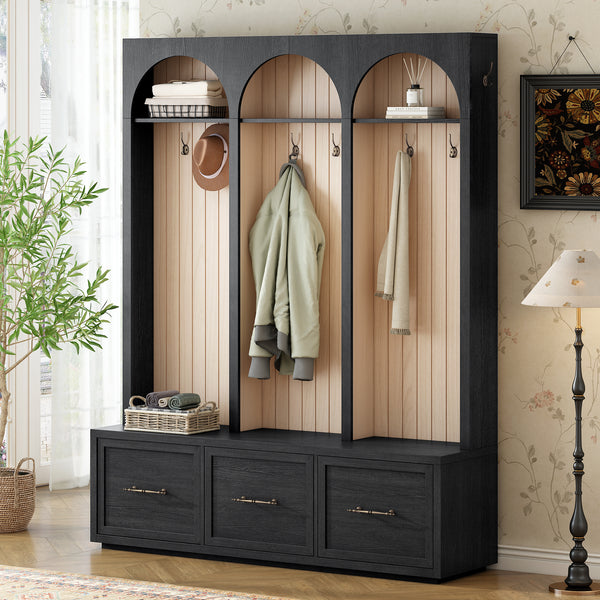 Farmhouse Wooden Style Hall Tree with Arched Design, Elegant 59' Wide Entryway Bench with 8 Retro Hooks, Rustic Coat Rack & Shoe Organizer with 3 Drawers for Mudroom, Living Room, Black, 74.8'H