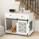 39.37'' Modern Wooden Dog Crate Furniture with Double Drawers and Sliding Barn Door, Decorative Pet Kennel End Table with Lockable Wheels, Stylish Dog Cage for Small to Medium Dogs – White