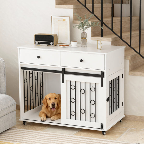 39.37'' Modern Wooden Dog Crate Furniture with Double Drawers and Sliding Barn Door, Decorative Pet Kennel End Table with Lockable Wheels, Stylish Dog Cage for Small to Medium Dogs – White