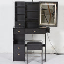 29.2' Small Size Left Drawer Desktop Vanity Table + Cushioned Stool, 2 AC+2 USB Power Station, Hair dryer bracket, Extra Large Touch Control Sliding LED Mirror, Tri-color Switching, Brightness Adjust