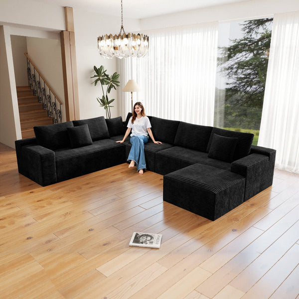137.8*104.3'Modular sectional sofa seat,Upholstered compressed couch for living room,Bedroom,Apartment,No assembly required,4 PC free combination,Plush corduroy fabric,BLACK