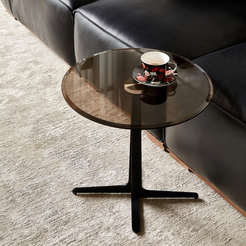 End Table  Glass Top Side/End Drink Table - Tall Modern Round Accent Metal Nightstand Furniture for Living Room, Dorm, Home Office, and Bedroom - 19.69' Round - brown blass/Matte Black