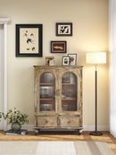 Farmhouse Storage Cabinet, Distressed Wood Kitchen Pantry Cabinet with 2 Glass Doors & 2 Drawers, Rustic Freestanding Buffet Cupboard with Shelves for Living Room, Dining Room, Distressed Brown