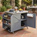 K&K 42.1' Outdoor Kitchen Island with Side Shelf, Outdoor Grill Cart with Storage Cabinet, Outdoor Kitchen Cabinet with Stainless Steel Top,  Adjustable Shelf and 4  Wheels for Pizza Prep, Grey Blue
