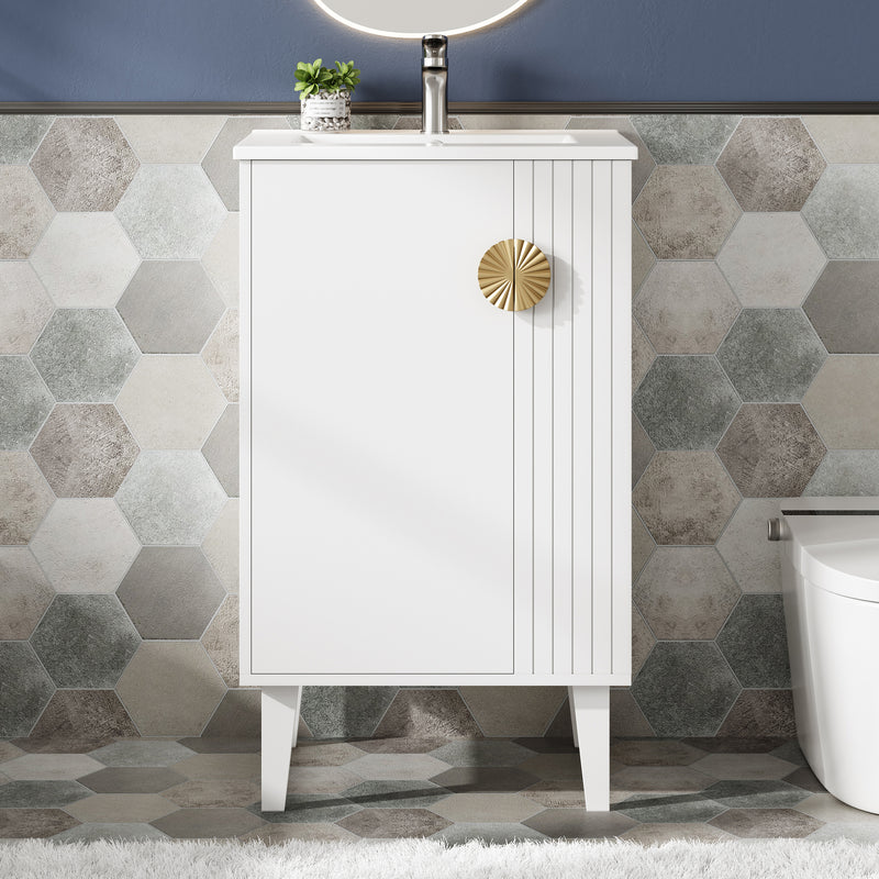 20-inch Bathroom Vanity with Ceramic Sink, Freestanding Single Vanity Set with Soft Closing Door, Chic Half-Moon Pulls, French Style, White