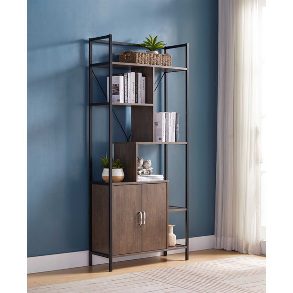Six Shelf Modern Bookcase with Two Door Storage Cabinet with Two Shelves - Dark Brown and Black Metal