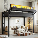 Twin XL size Loft Bed Frame with Storage Shelves and Pegboard, Metal Loft Bed with USB Ports and LED Lights, Safe and Sturdy, Black