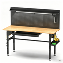 60' Adjustable Height Workbench with Solid Wood Top, Black Metal & Wood Construction, 2000 lbs Capacity, Includes Drawers, Power Outlet, LED Light, Wheels or Leveling Feet