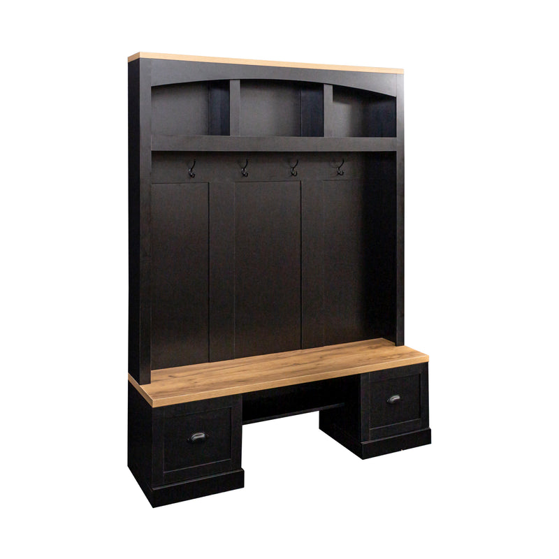 Farmhouse 4-in-1 Hall Tree with Wood Grain Bench and Top, Multifunctional Coat Rack with Black Hooks and Shell Handles, Mudroom Bench with Adjustable Shelves for Hallway, Living Room, Black, 55.1W