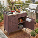 K&K 39.4' Outdoor Kitchen Island with Stainless Table Top, Outdoor Storage Kitchen Cabinet with One Large Drawer, Adjustable Shelves, Internal Storage Racks & 4 Wheels for Pizza Prep, Dark Brown