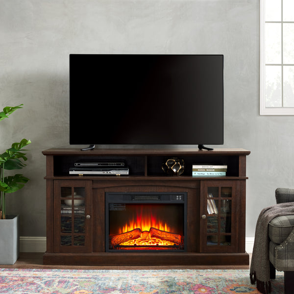 Classic TV Media Stand Modern Entertainment Console with 23' Fireplace Insert for TV Up to 65' with Open and Closed Storage Space, Espresso, 58.25'W*15.75'D*32'H