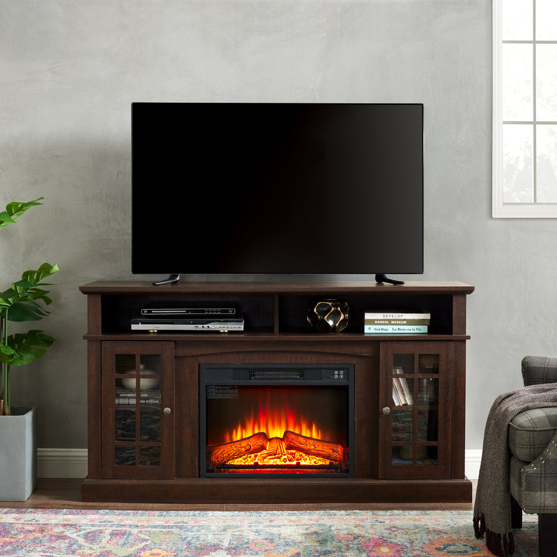 Classic TV Media Stand Modern Entertainment Console with 23' Fireplace Insert for TV Up to 65' with Open and Closed Storage Space, Espresso, 58.25'W*15.75'D*32'H