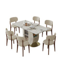 Modern 63' 4-6 Person Dining Table Set with Storage, Burnt Stone Top & Gold Solid Wood Base, 6 White PU Chairs for Kitchen, Apartment