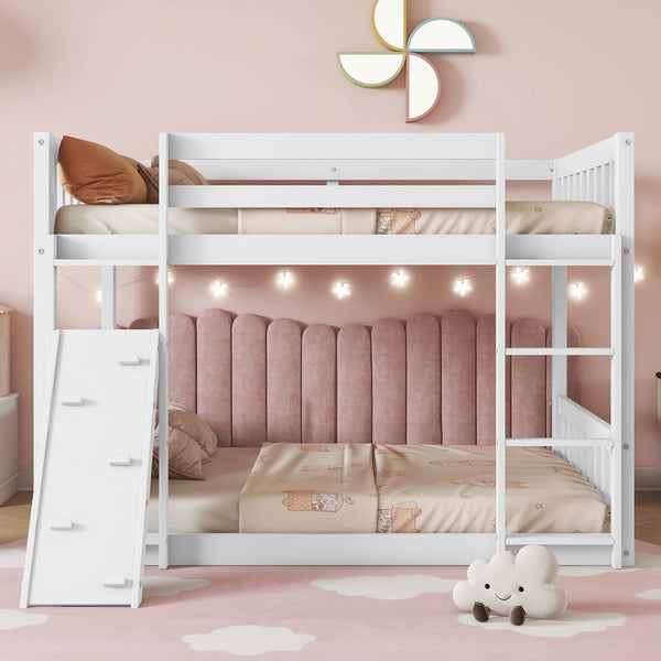 Twin Over Twin Floor Bunk Bed, Playhouse Floor Bunk Bed with Climbing Ramp, Ladder, Safety Guardrails,White