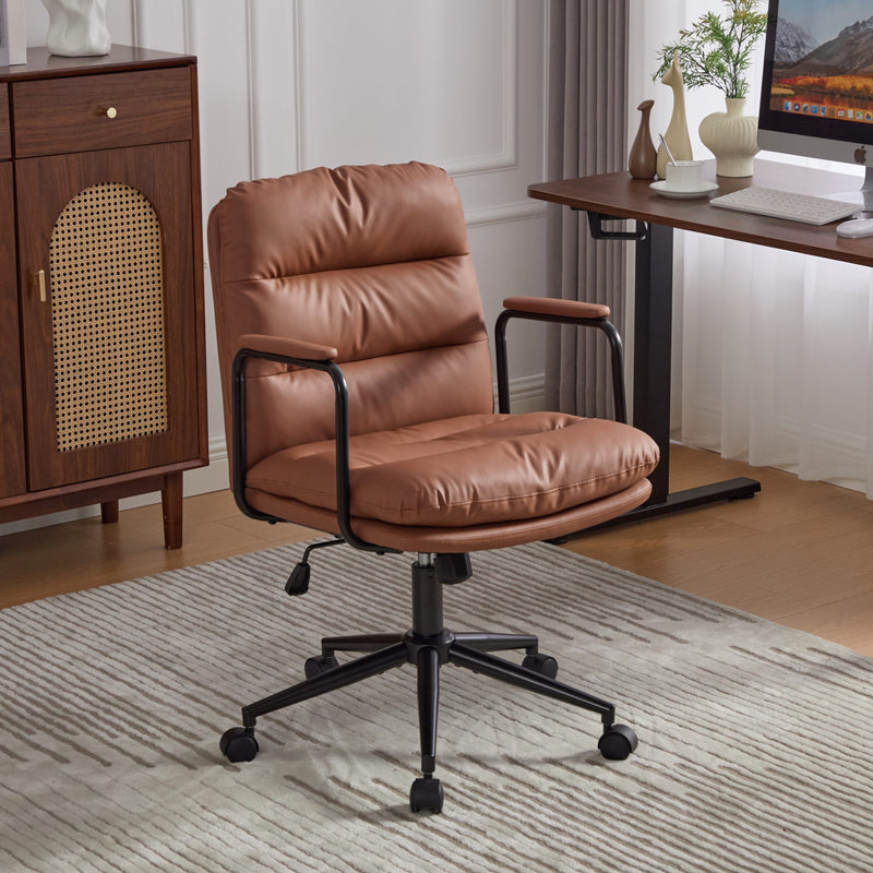 Office Chair,Mid Back Home Office Desk Task Chair with Wheels and Arms Ergonomic PU Leather Computer Rolling Swivel Chair with Padded Armrest,The back of the chair can recline 40° (Brown),SW1741BR