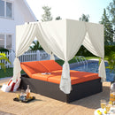 U_STYLE Outdoor Double Chaise Lounge Daybed with Curtains,Patio Outdoor Sunbed with Adjustable Backrest, Sturdy Steel Frame Loveseat Sofa for Backyard,Poolside, Terrace