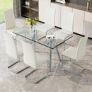 Tempered Glass Dining Table Set for 6, Modern Rectangular Kitchen Table with Electroplated Metal Legs, 6 White PU Leather Upholstered Dining Chairs with Silver Chrome Base