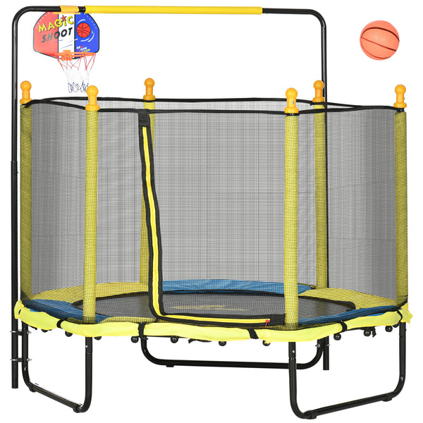 Qaba 4.6' Kids Trampoline with Basketball Hoop, Horizontal Bar, 55' Indoor Trampoline with Net, Small Springfree Trampoline Gifts for Kids Toys, Ages 3-10, Yellow