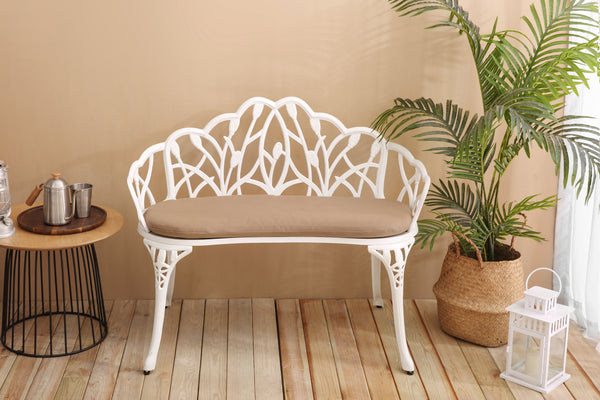 Tulip Patio Garden Bench Metal Park Bench Cast Aluminum Outdoor Furniture with Floral Rose for Patio,Park,Lawn,Yard 
with cushion
