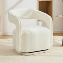 065-Chenille Fabric Swivel Accent Armchair, Comfy Barrel Leisure Chair With Curved Backrest, Upholstered Reading Chair With Black Swivel Base, 22-inch large seat depth and width, White