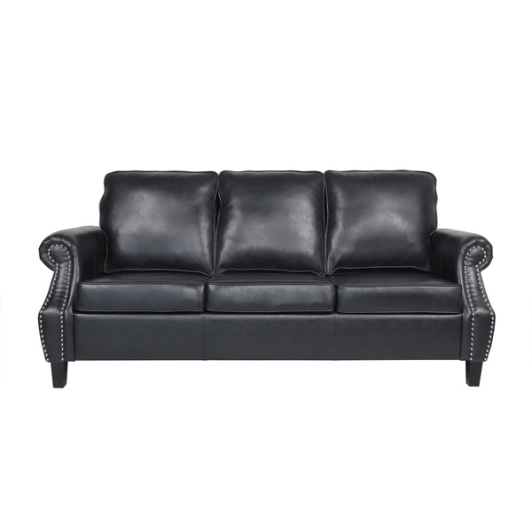 Contemporary Faux Leather 3 Seater Sofa with Nailhead Trim in Black